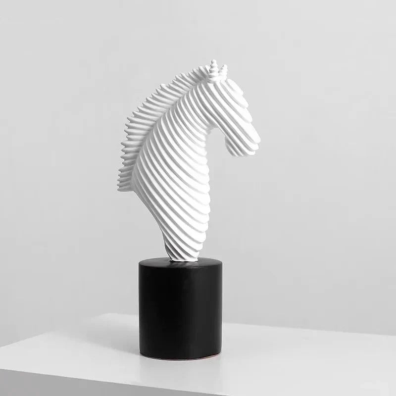 Abstract striped horse head sculpture, side view