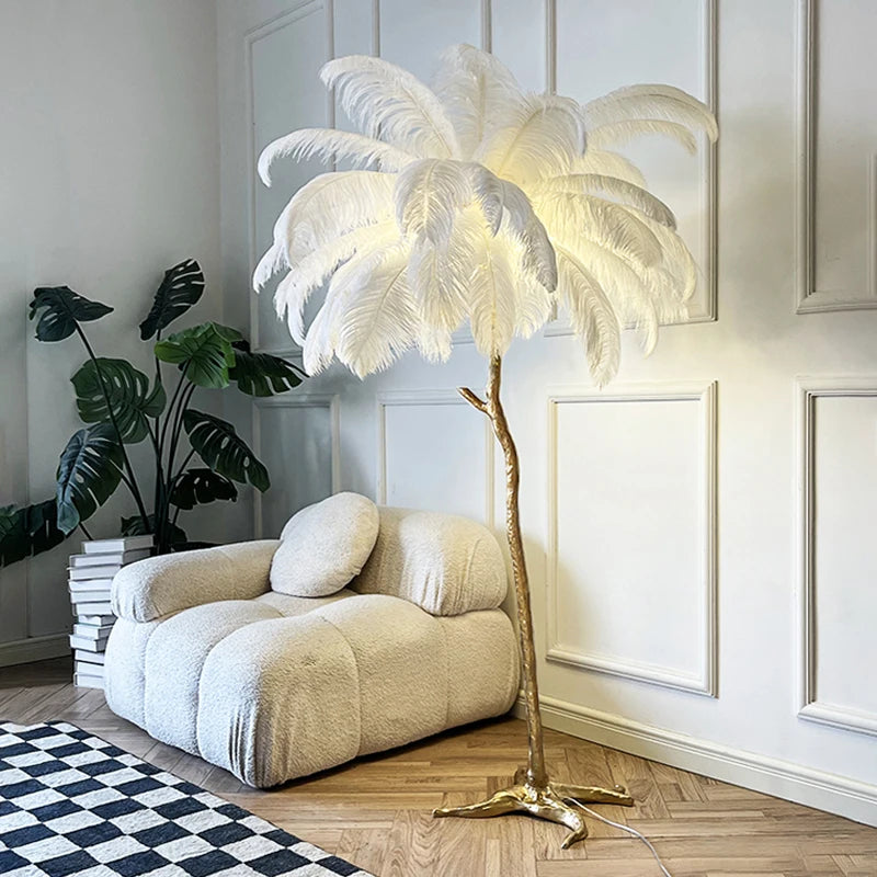 White ostrich feather floor lamp, full height view