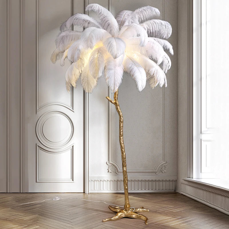 White ostrich feather floor lamp illuminated in living room