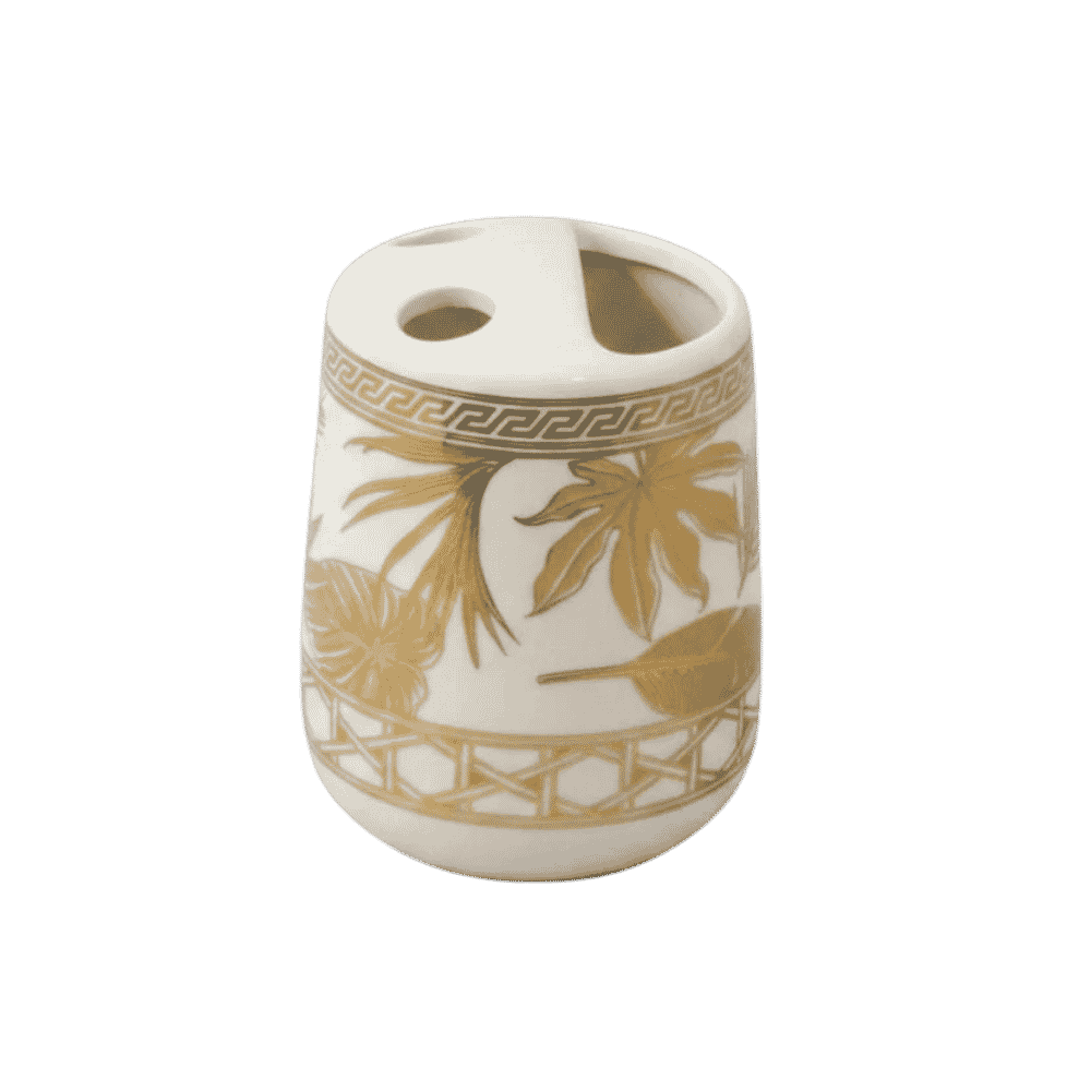 Palm Luxe bath set styled on a bathroom counter