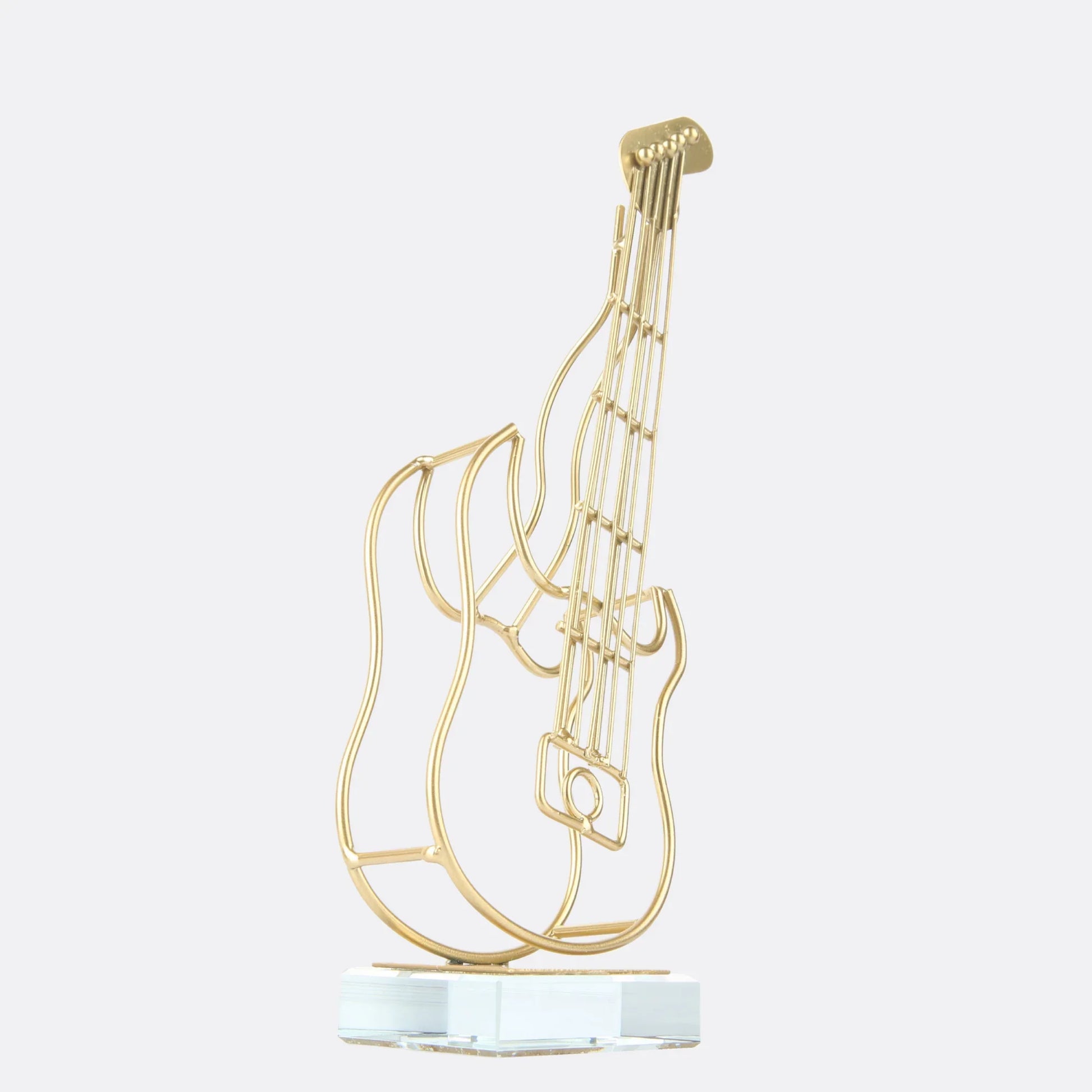 Metallic hollow guitar sculpture, close-up view