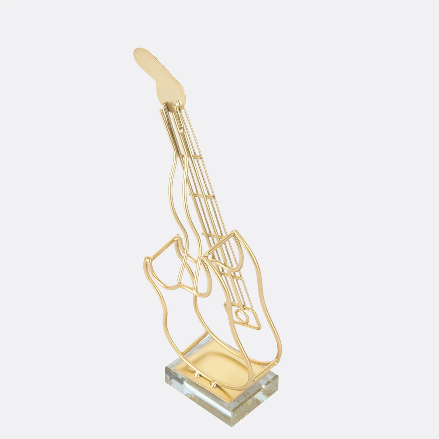 Metallic hollow guitar sculpture, angled view