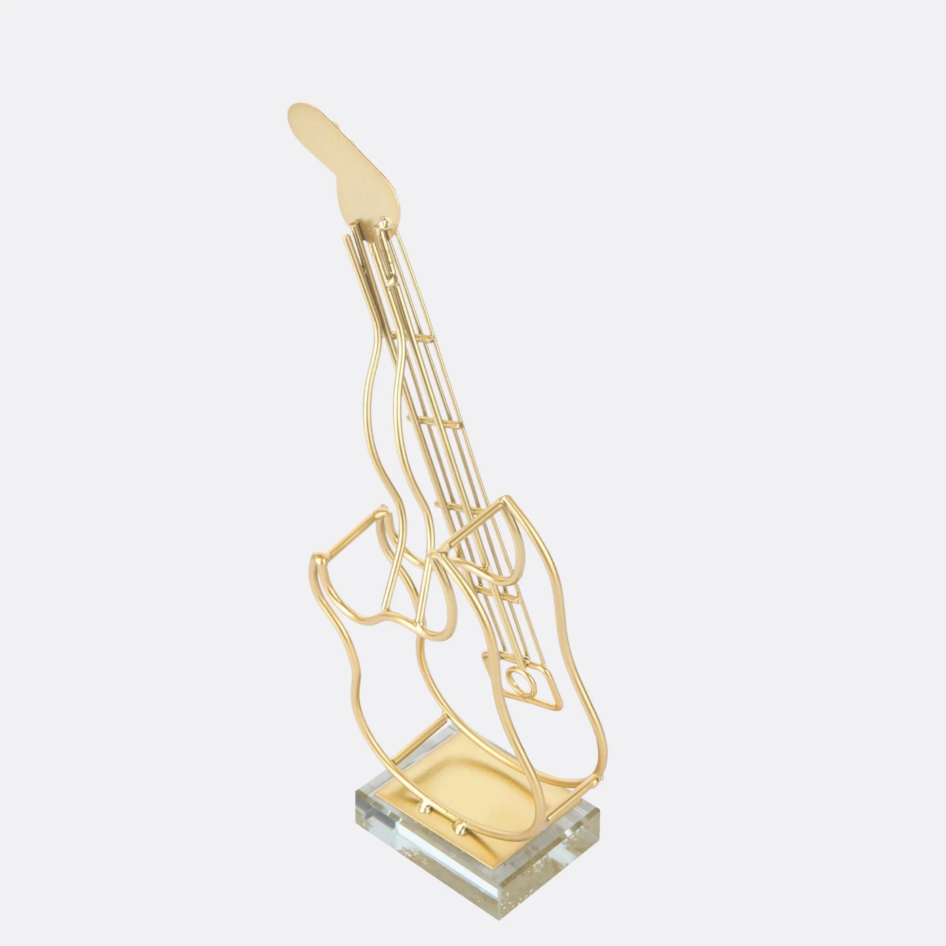 Metallic hollow guitar sculpture, angled view