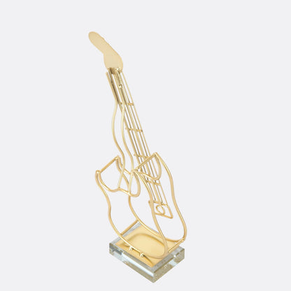 Metallic hollow guitar sculpture, angled view