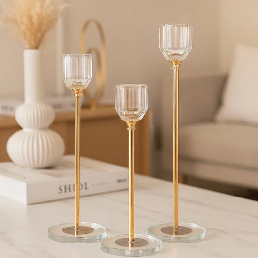 Set of 3 crystal candle stands for dining or coffee table