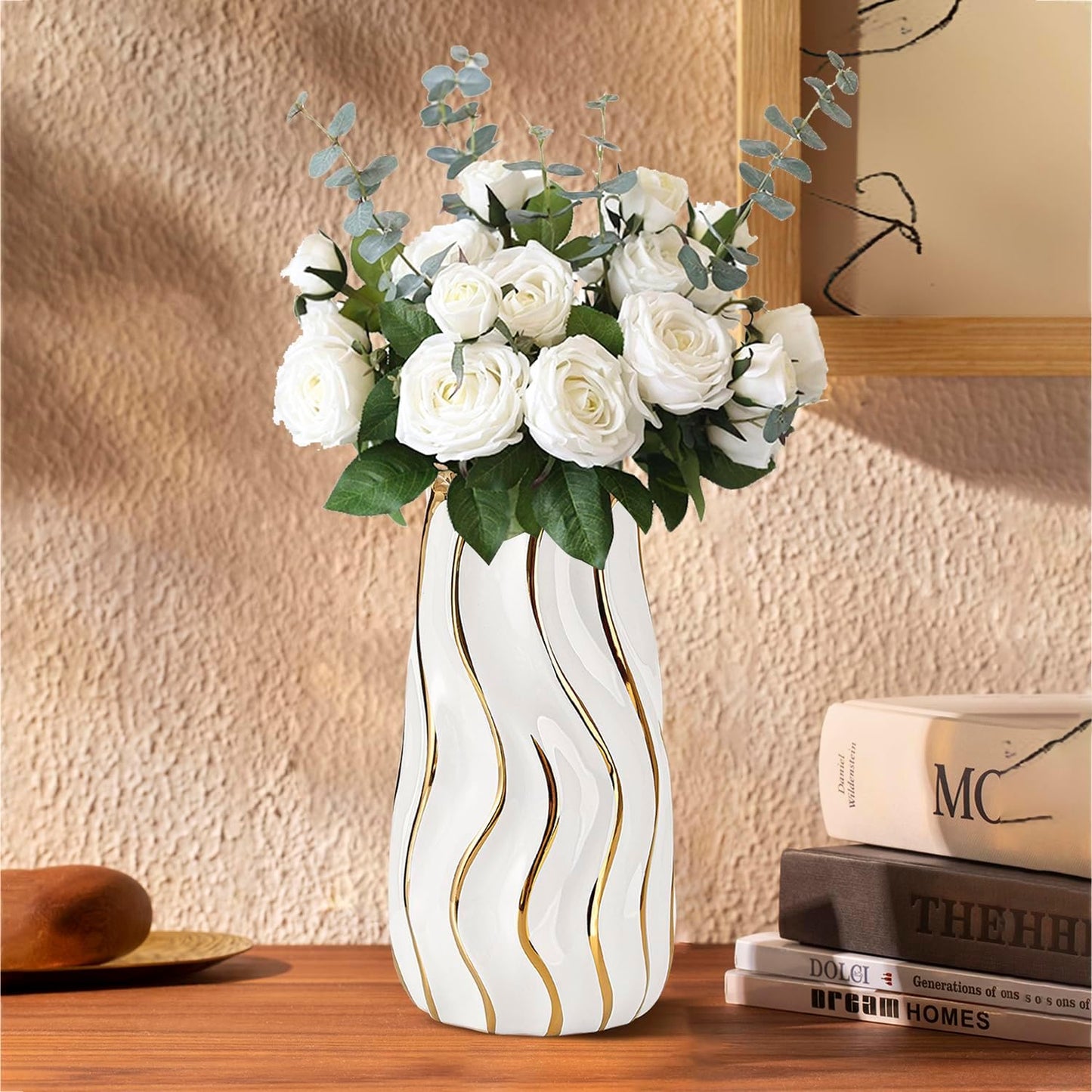 Striped ceramic vase, close-up detail