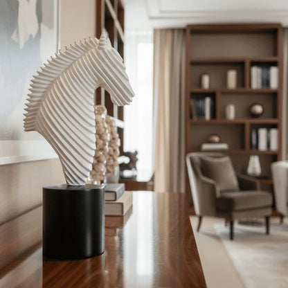 Abstract striped horse head sculpture, close-up detail