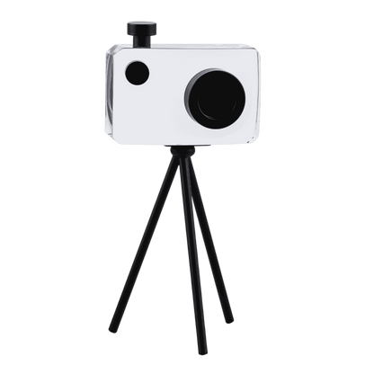 Black crystal camera-shaped sculpture for modern interiors