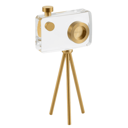 Golden crystal camera-shaped sculpture for luxury display shelves