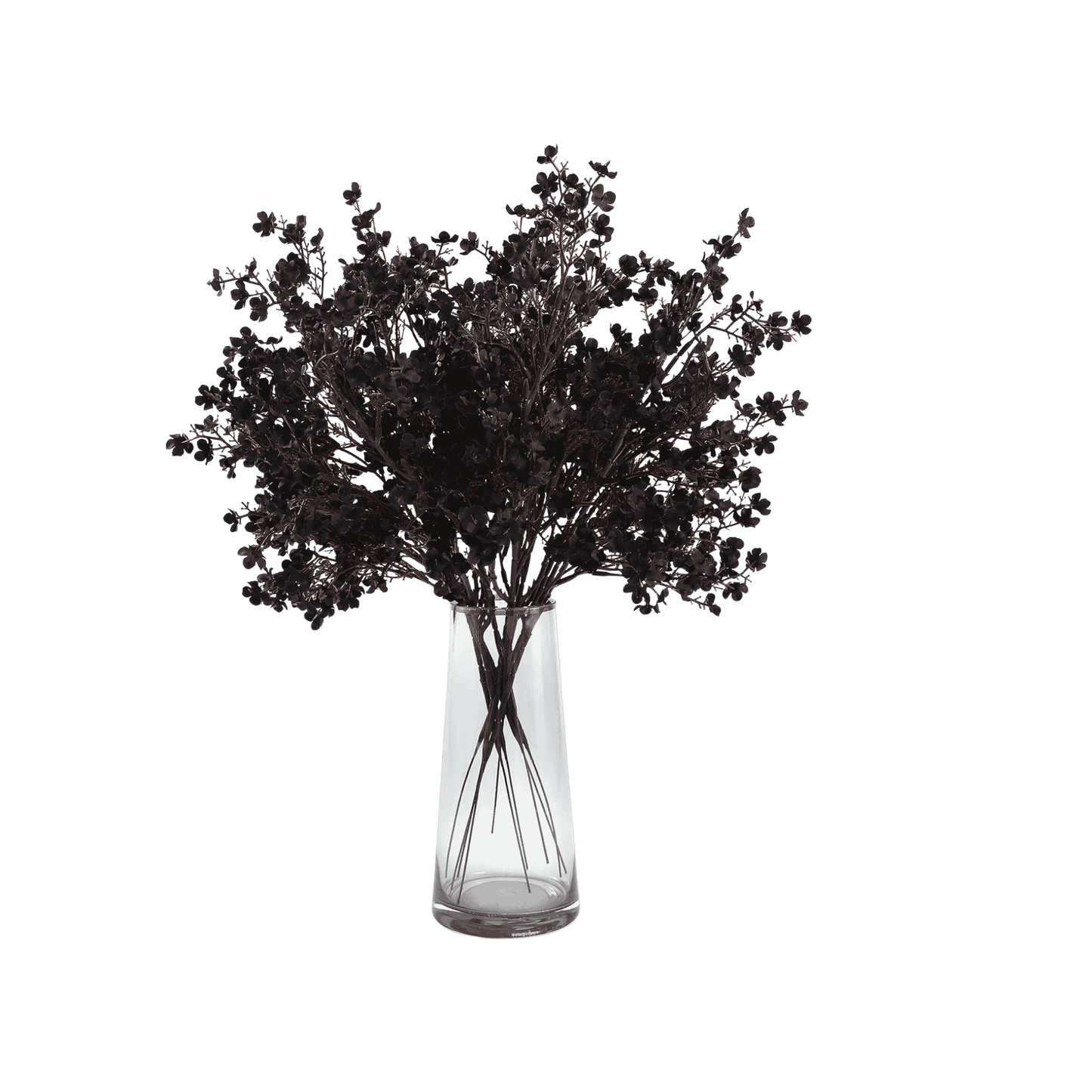 A bunch of dried dark burgundy-purple flowers arranged in a clear glass vase against a solid green background.