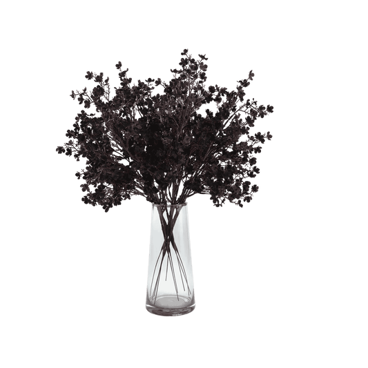 A bunch of dried dark burgundy-purple flowers arranged in a clear glass vase against a solid green background.