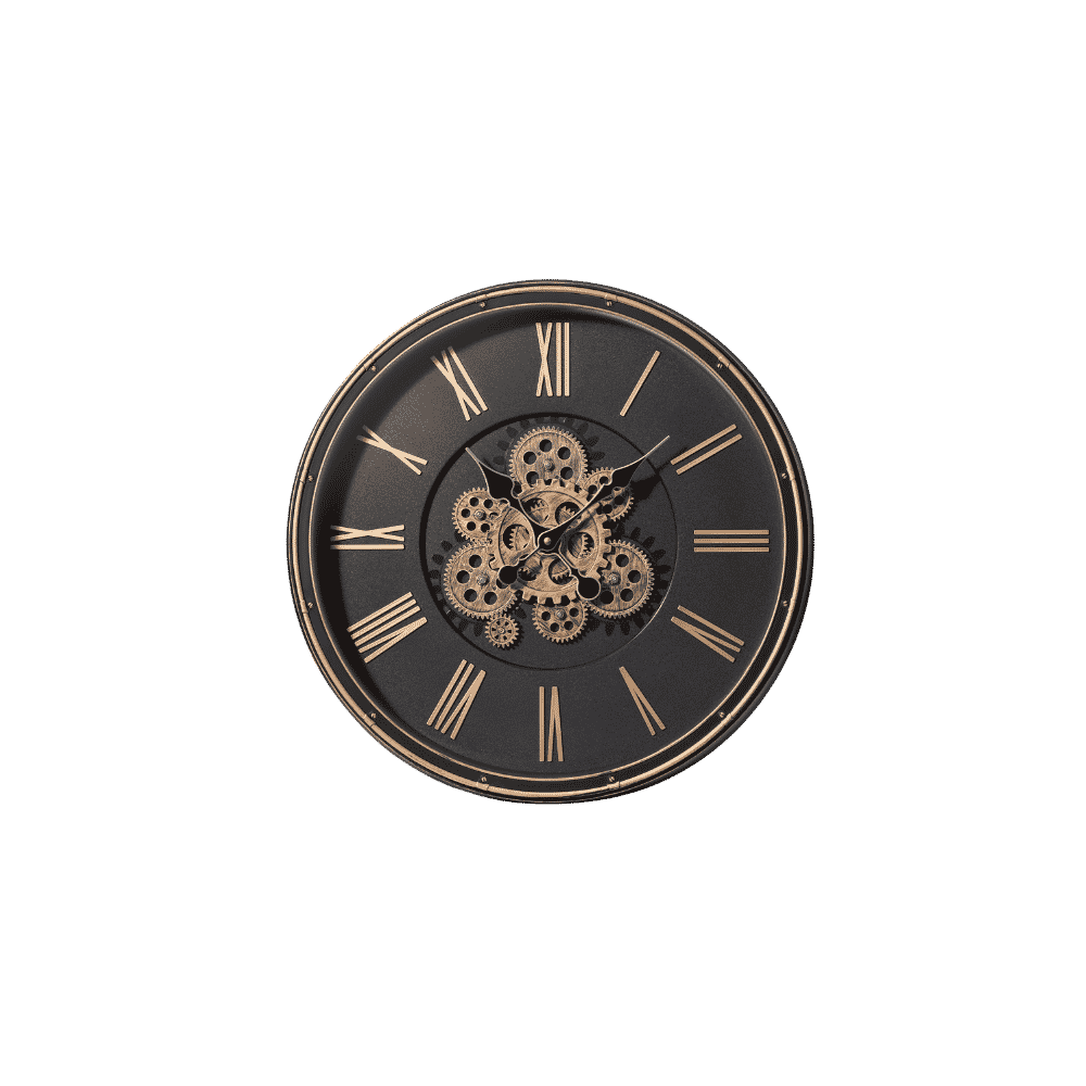 A round black wall clock with a skeleton center showing exposed gold-toned gears, Roman numeral hour markers, and matching hands on a plain white background.