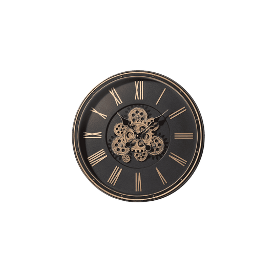 A round black wall clock with a skeleton center showing exposed gold-toned gears, Roman numeral hour markers, and matching hands on a plain white background.