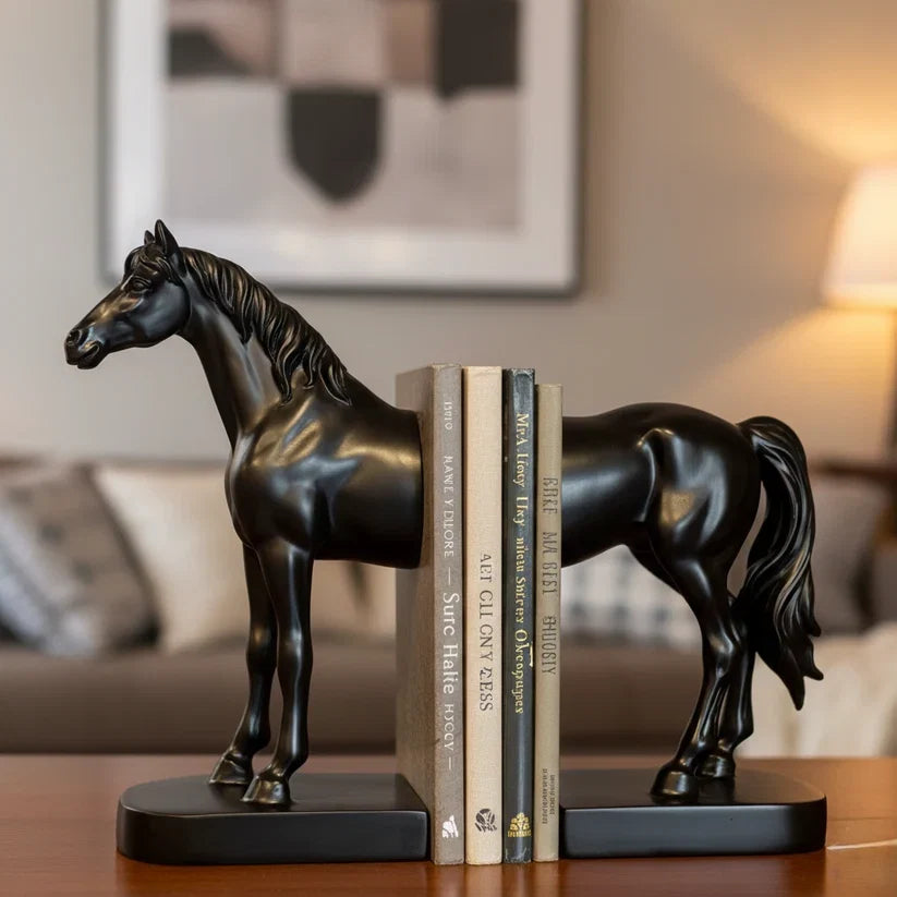Black horse bookend, side view