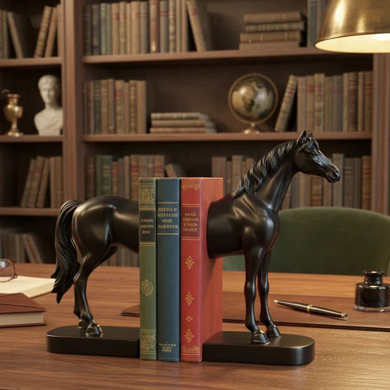 Black horse bookend, close-up detail