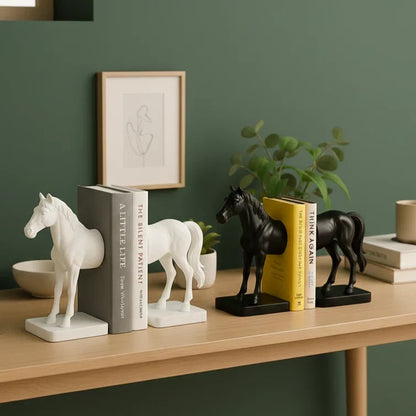 Black horse bookend styled on a shelf