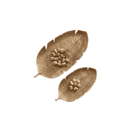 Set of two gold leaf-shaped decorative trays in small and large sizes