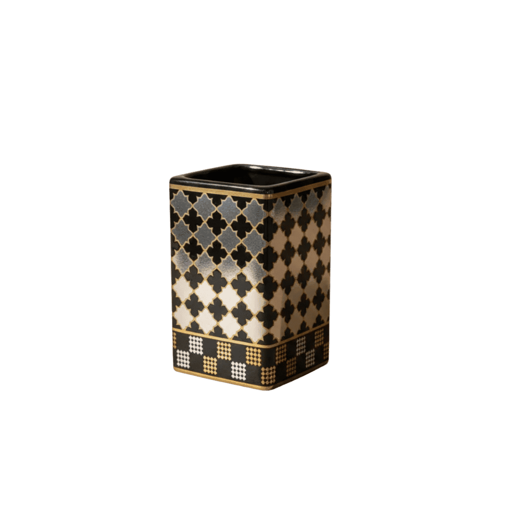 Imperial black bath set styled on a bathroom counter