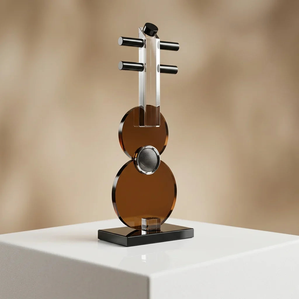Minimalist crystal guitar sculpture, close-up detail