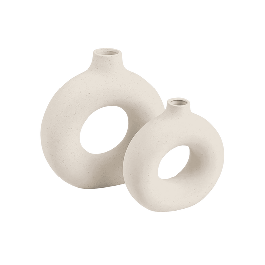Pair of donut-shaped ceramic vases for dining table or entryway