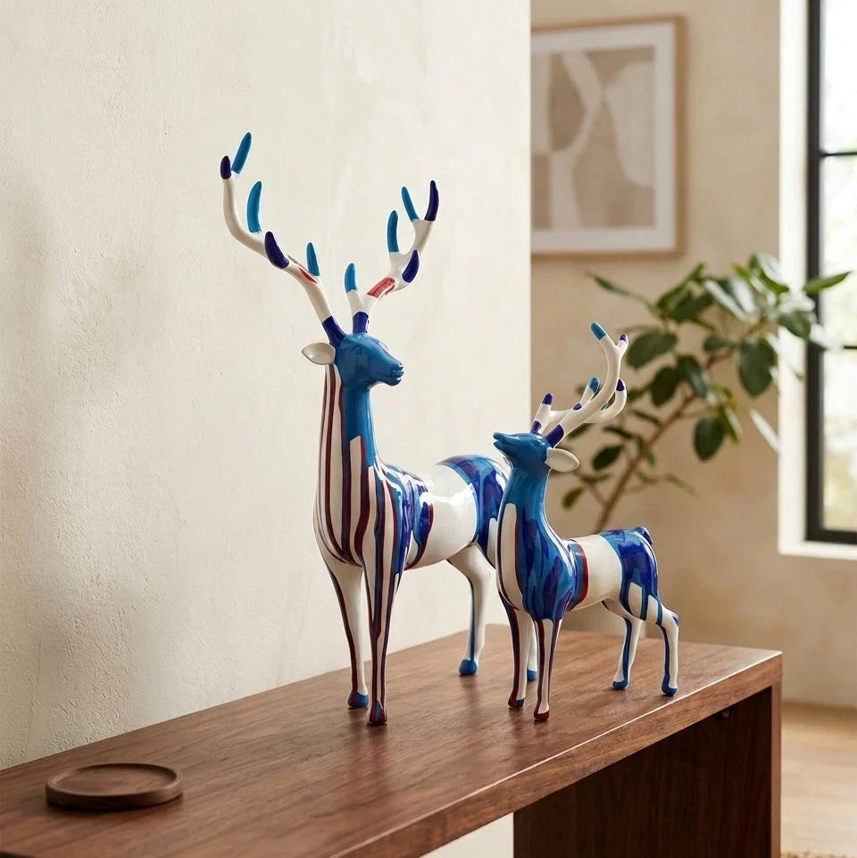 Splashing color deer sculpture, side view