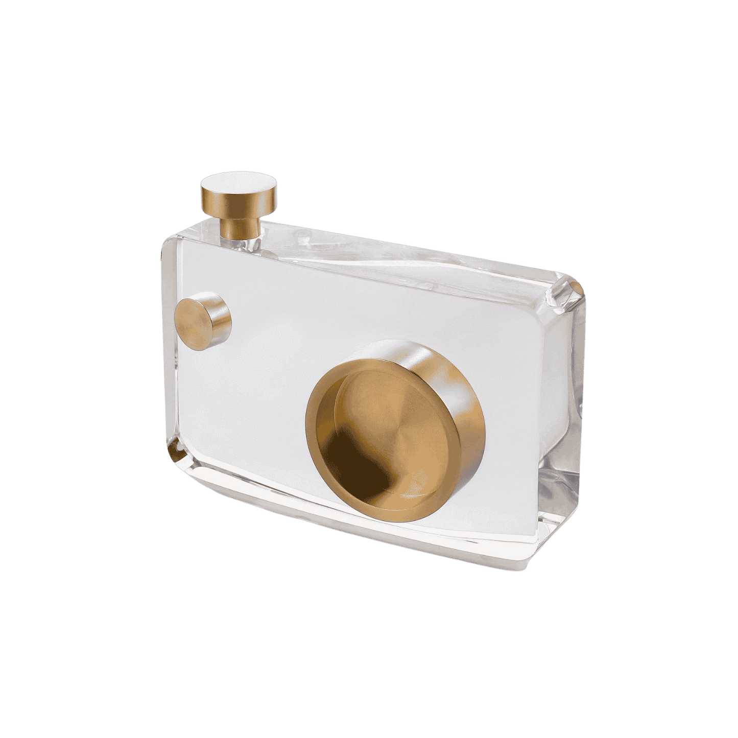 Solid crystal camera-shaped decor piece for display shelves