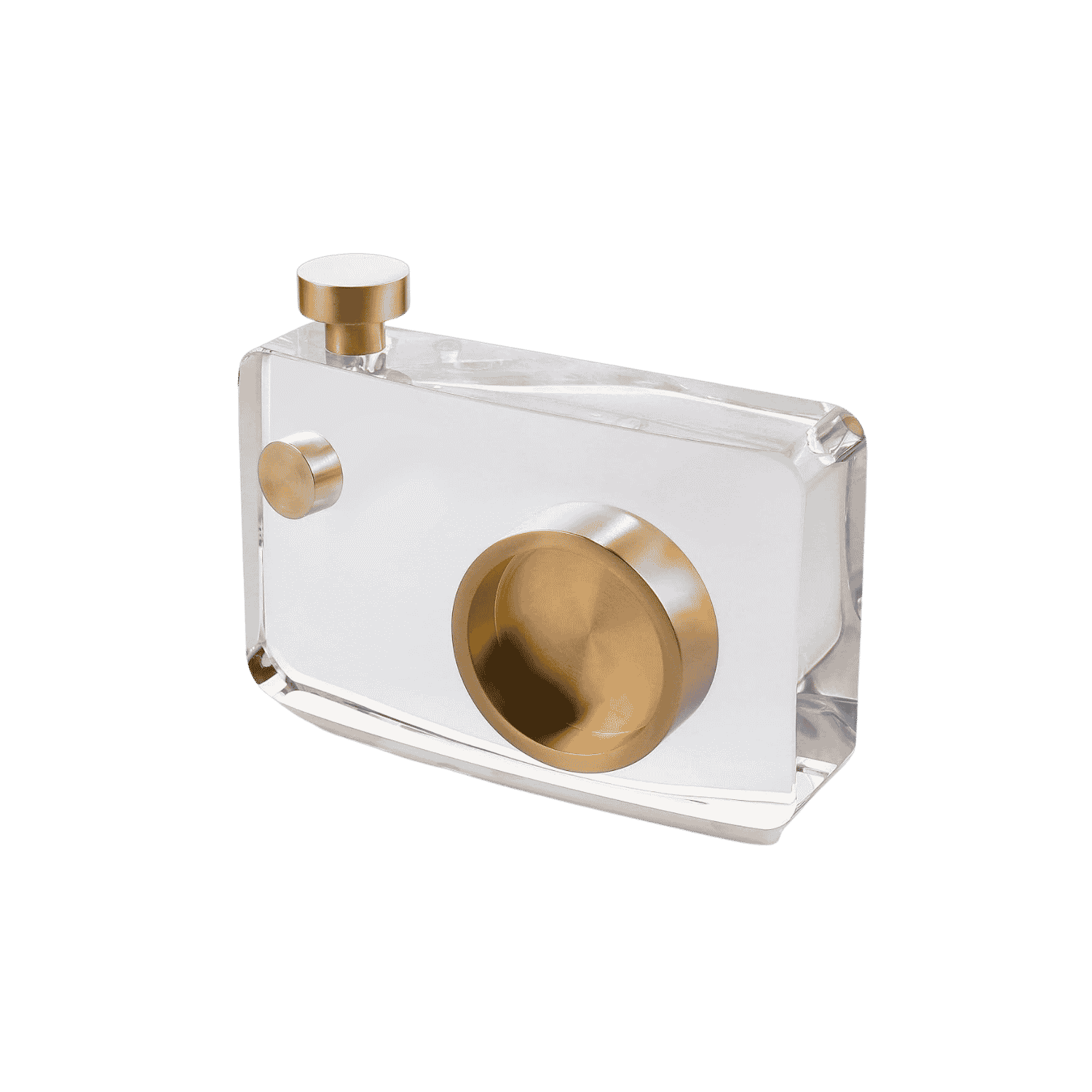 Solid crystal camera-shaped decor piece for display shelves