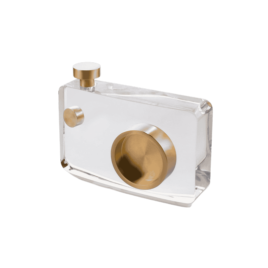 Solid crystal camera-shaped decor piece for display shelves