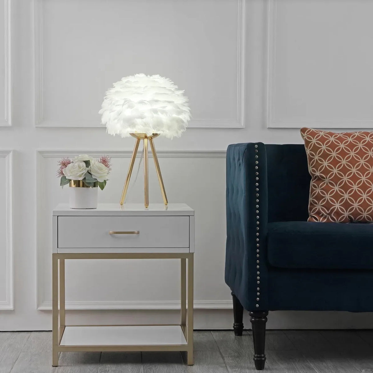 White ostrich-textured table lamp, alternate view