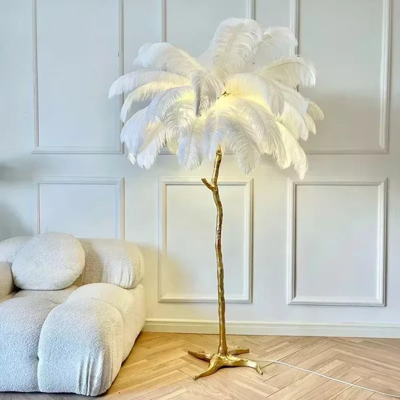 White ostrich feather floor lamp, close-up detail
