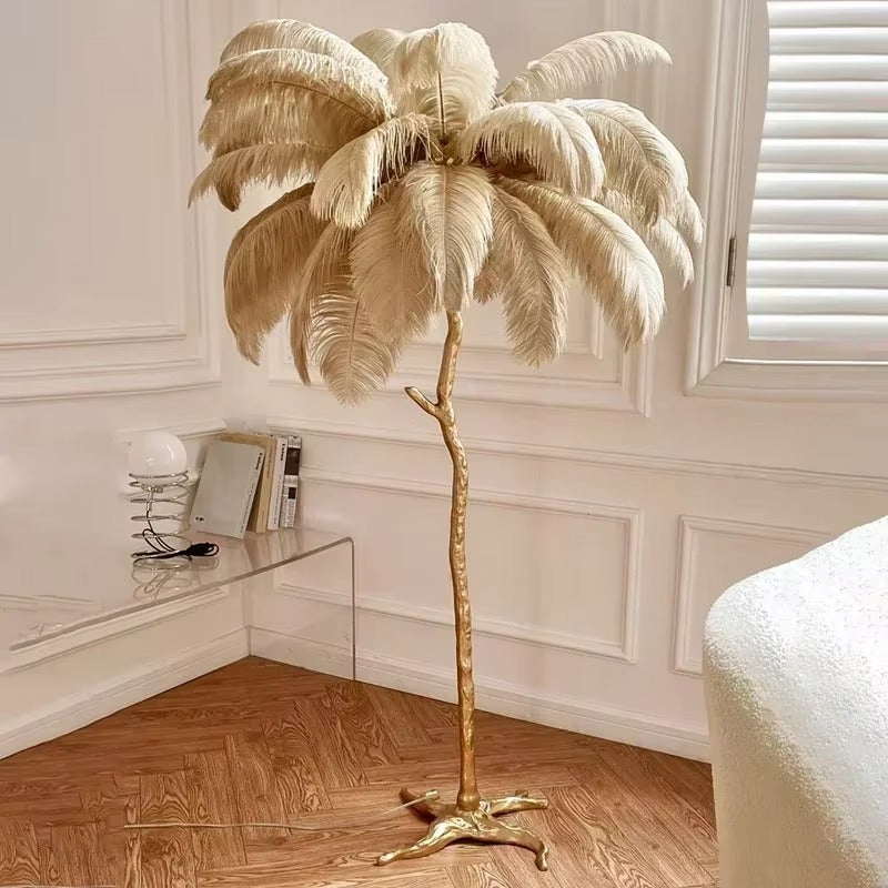 Beige ostrich feather floor lamp, close-up detail