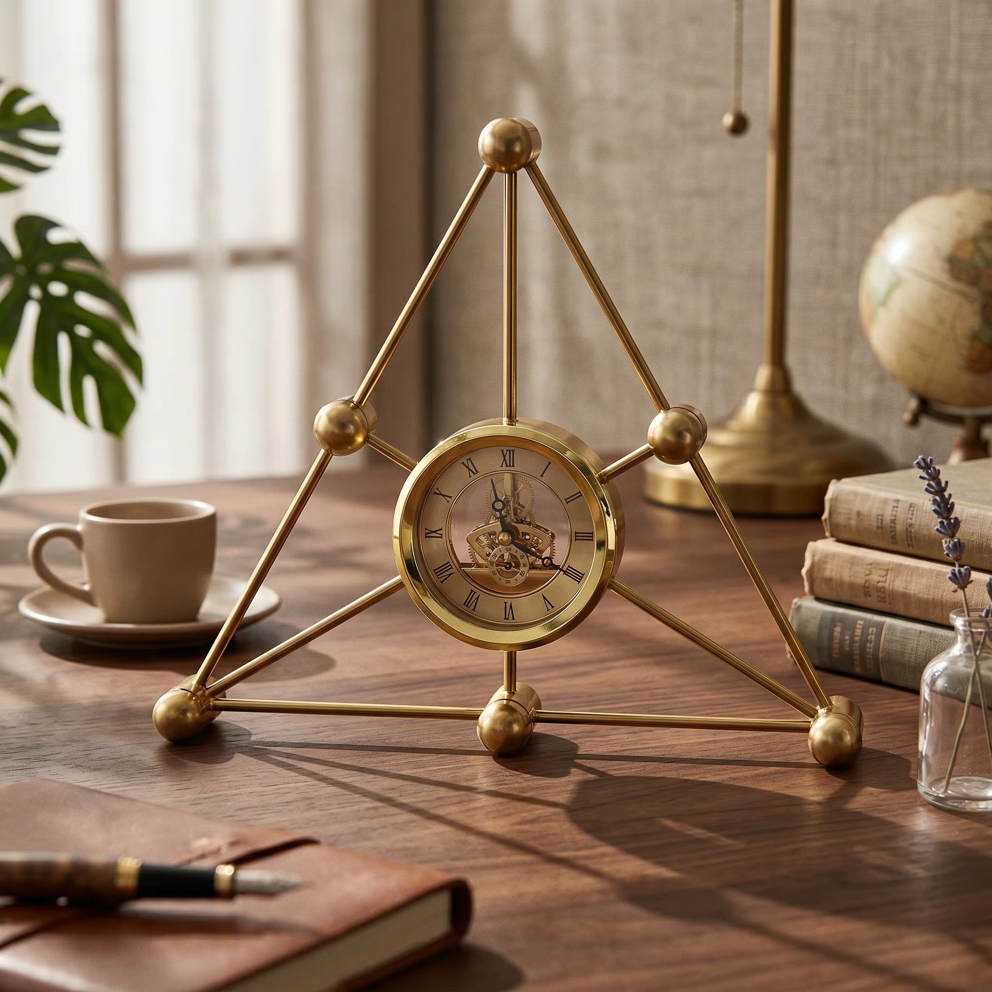 Triangle metal wall clock mounted on wall